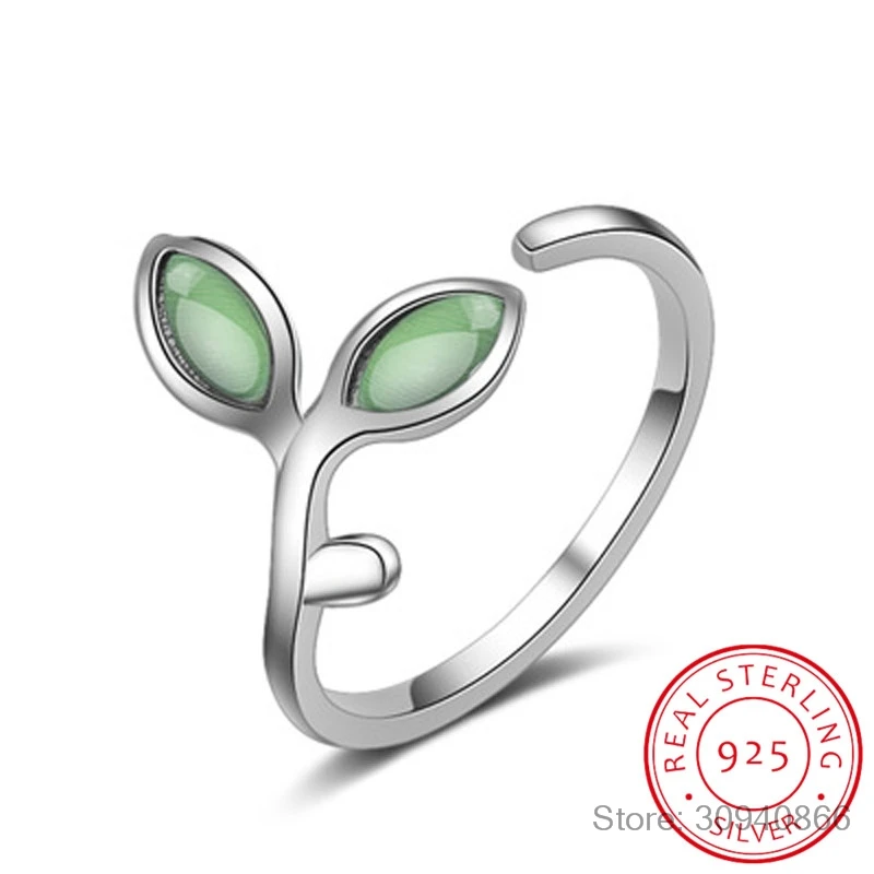 

LEKANI 925 Sterling Silver Green Opal Leaves Buds Open Rings For Women High Quality Creative Fine Jewelry
