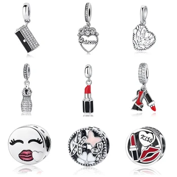 

Valentine's Day 925 Sterling Silver Red Beads Cute Crystal Princess Hanging High Heels Charms Fits Pandora Bracelets DIY Jewelry