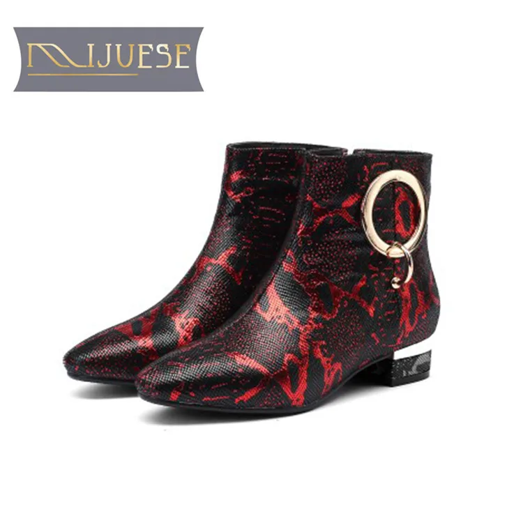 

MLJUESE 2019 women ankle boots cow leather British style Totem zippers winter short plush pointed toe low heel women boots