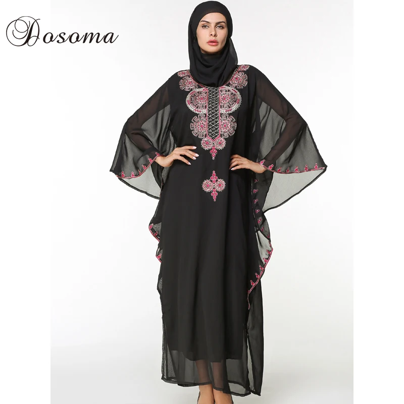 Fashion Dress Chiffon Embroidery Muslim Abaya Long Sleeve Robe Gowns Hijab Middle East Loose