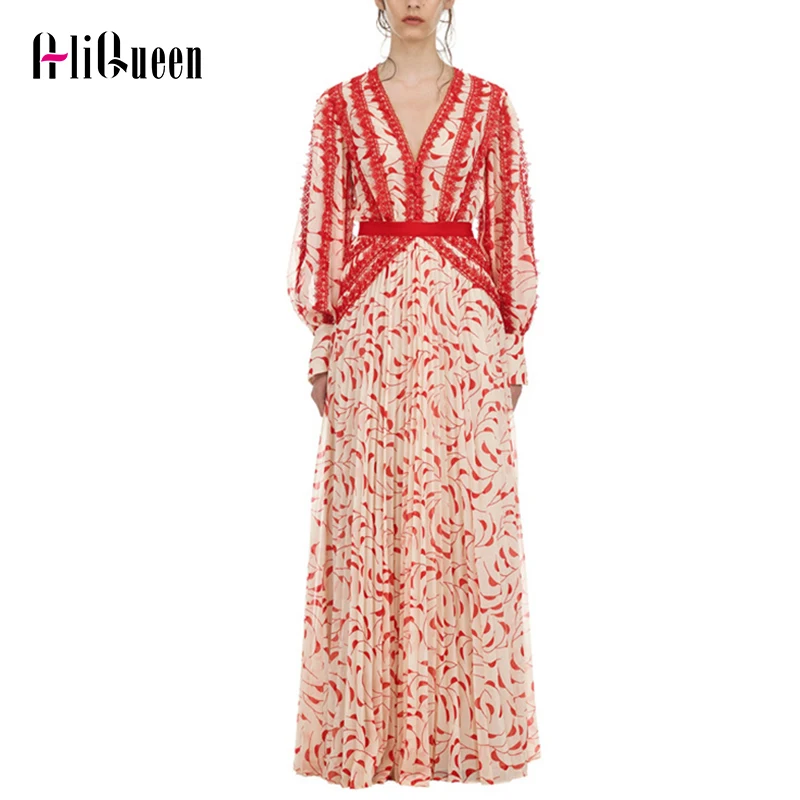 

Self Portrait Runway Designer Women Dresses 2019 Spring Chiffon Patchwork Pleated Lace Vintage Printed Vestidos Maxi Long Dress