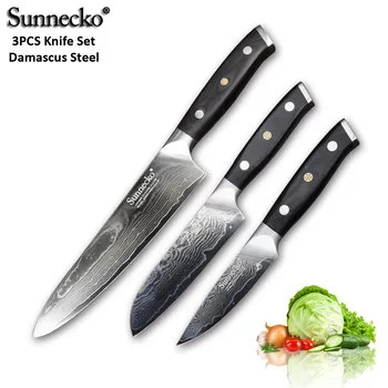 

SUNNECKO 3PCS Damascus Steel Knives Set Japanese VG10 Core Sanding G10 Handle Chef Meat Cutter Cook Santoku Utility Paring Knife