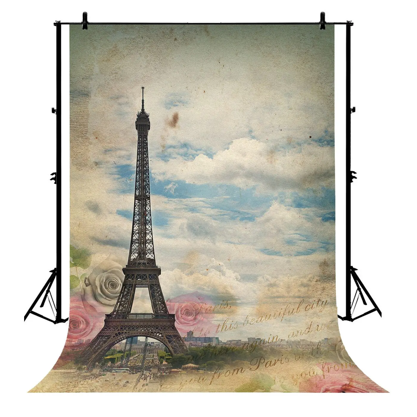 

5x7ft Eiffel Tower Paris Sky Rose Nostalgic Love Polyester Photo Background Portrait Backdrop