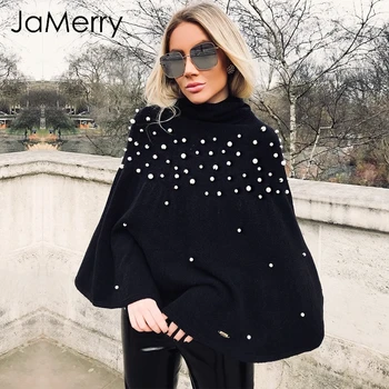 

JaMerry Beading casual knitting cloak women Turtleneck sweater oversized loose pullover Winter fashion knitted sweater femme