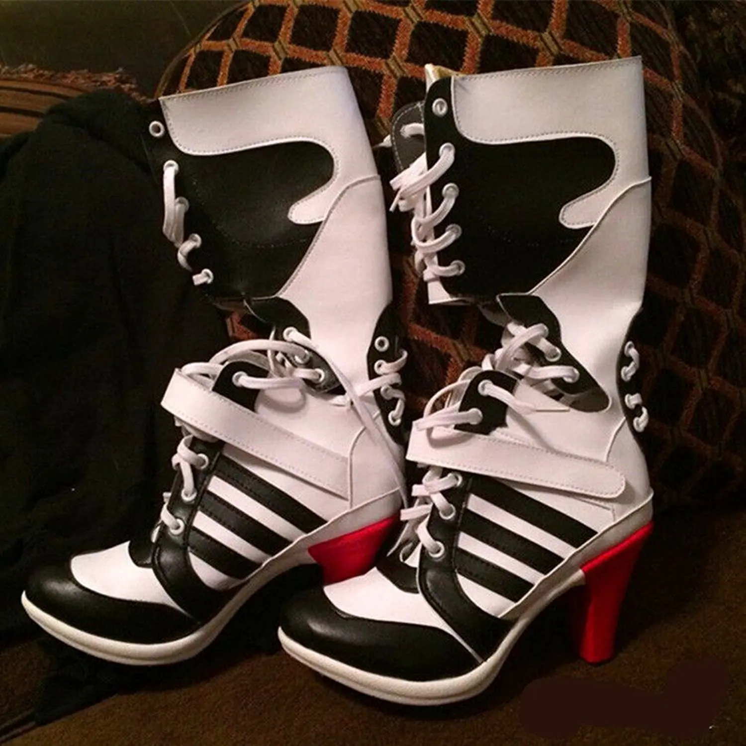 New Red Stripes High heels Harley Quinn Ankle boots Suicide Scuad cosplay shoes any size New Red Stripes High heels Harley Quinn Ankle boots Suicide Scuad cosplay shoes any size