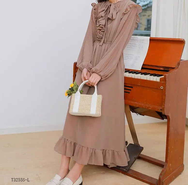 

European style 2019 New arrivals summer Spring fashion women clothes temperament solid color vintage chiffon dress T3255