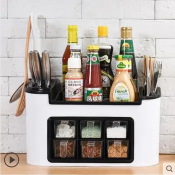 

Multifunctional kitchen rack seasoning box seasoning pot bottle storage rack with combined tool rest