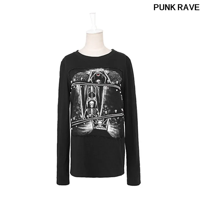 Fashion Rock Double Mesh Segment T-shirt Gothic Casual Black 3D Printing Skull Men Cotton Elastic Long T shirt PUNK RAVE T-366 | Мужская