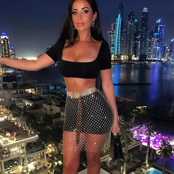

Sexy Festival Bling diamond Summer skirt Womens faldas beach perspective Mesh Hollow Rhinestone Sparkling Night party skirts New