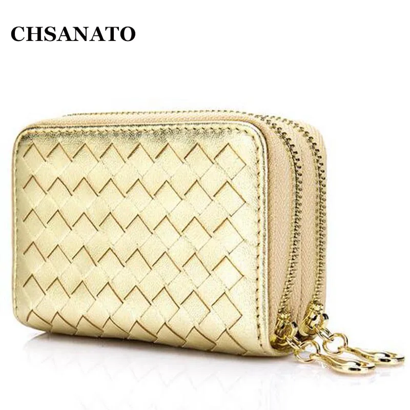 

CHSANATO Brand Weave Woman Wallets Luxury Genuine Leather Women Double Zippers Card Holder Coin Purses