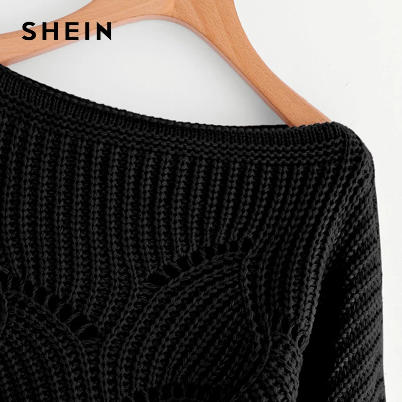 SHEIN Black Preppy Solid Oversized Eyelet Detail Scallop Trim Batwing Sleeve Boat Neck Sweater 2018 Autumn Casual Women Sweaters SHEIN Black Preppy Solid Oversized Eyelet Detail Scallop Trim Batwing Sleeve Boat Neck Sweater 2018 Autumn Casual Women Sweaters