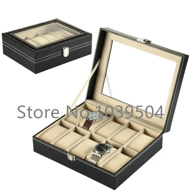 

Standard 10 Grids Watch Box Black Leather Watch Display Box Top Quanlity Storage Watch Boxes Storage Jewelry Packing Box D208