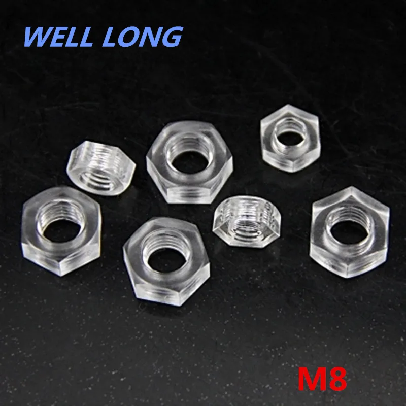 

50pcs/lot M8 Plastic Hex Nut Nylon Plastic Nut Insulated Acrylic PC Transparent Nut.