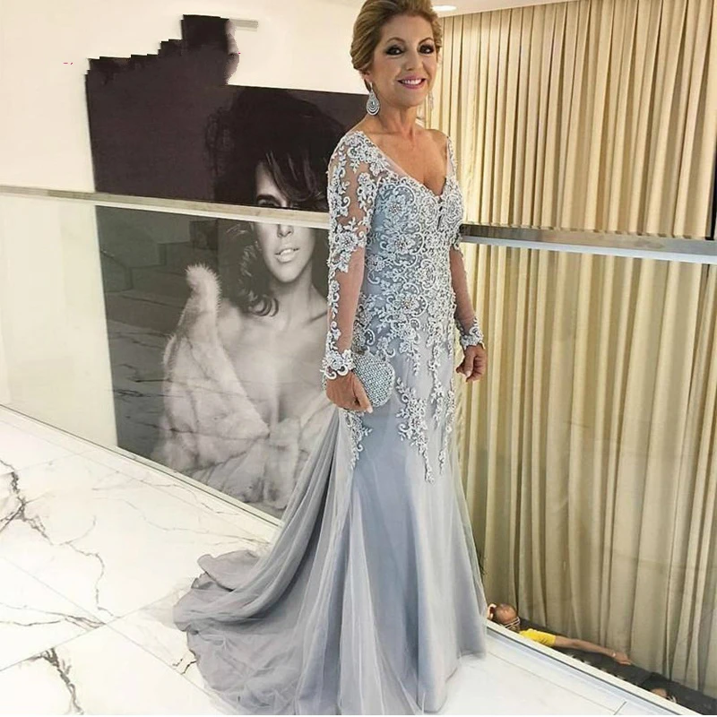 Lace Lange Mouwen Moeder Van De Bruid Jurken Plus Size V-hals Wedding Party Dress Robes De Bal Mariage Vestido de Madrinha Lace Lange Mouwen Moeder Van De Bruid Jurken Plus Size V-hals Wedding Party Dress Robes De Bal Mariage Vestido de Madrinha
