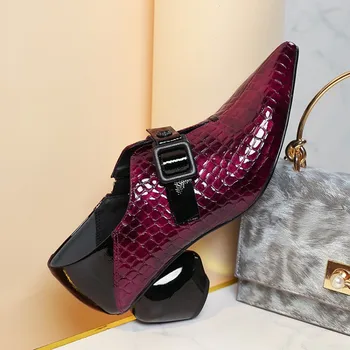 

GPOKHDS 2019 women Pumps Patent leather autumn spring Rome style buckle strap wine red color pointed toe high heels shoes 34-42