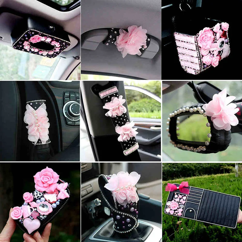 Flower car font b interior b font decoration accessories for girls Ladycrystal seat belt cover diamond