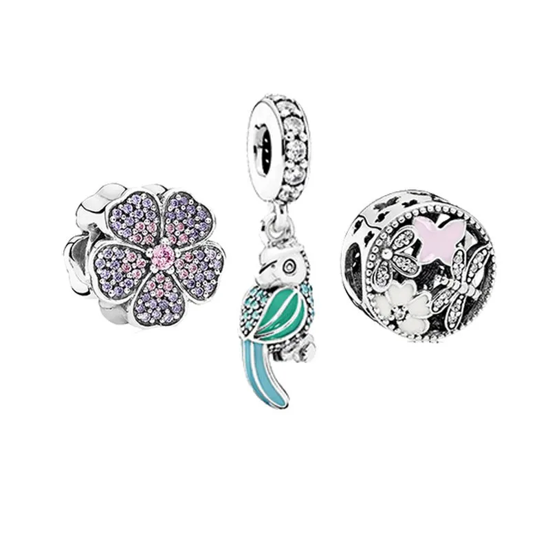 

3pcs Beads Fits Brand Charms Bracelets Original 100% 925 Sterling Silver Jewelry Paved Flower & Lucky Bird Beads DIY Jewelry
