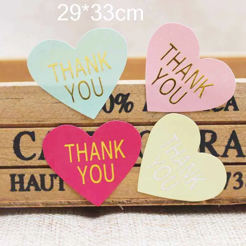 

200pcs heart shape gold/silver self adhesive labels green/yellow/pink paper thank you seal labels Diy handmade seal labels