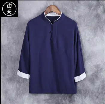 

M-4xl 2020 New Vintage Chinese Style Men's Clothing Three Quarter Sleeve Linen T-shirt Loose Top Casual Cotton Linen Clothes