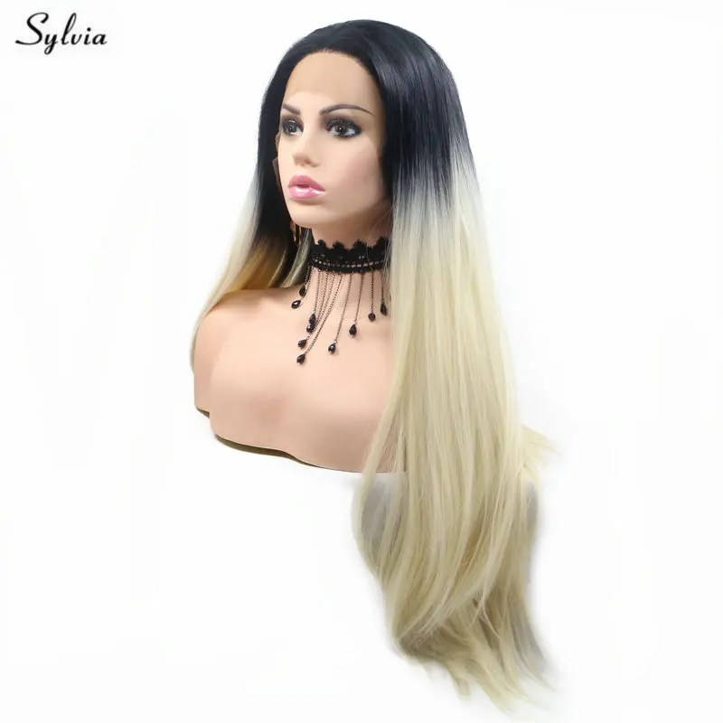 Sylvia Heat Resistant Fiber Natural Straight Wig Black Ombre Brown Synthetic Lace Front For Women Girl Party Middle Part | Шиньоны и