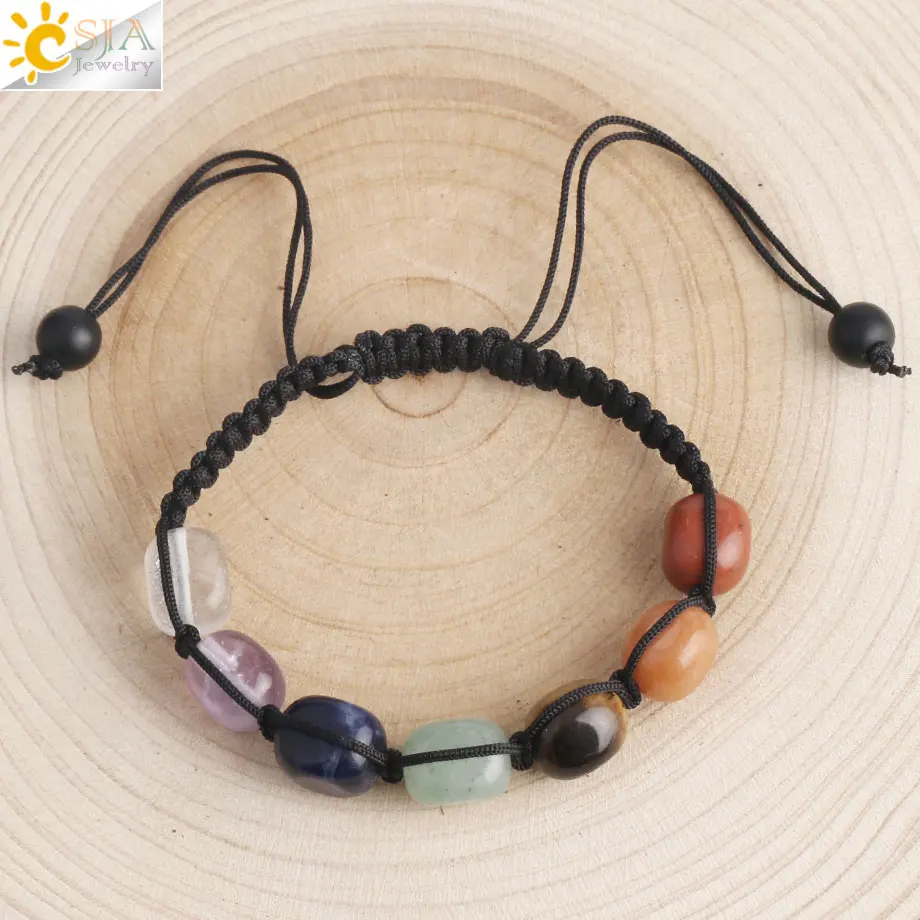 CSJA 7 Chakras Bracelets Reiki Natural Stone Braided Women Bracelet Healing Irregular Bead Handmade String Rope Adjustable G022