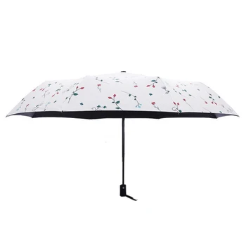 

Hot Sale Fully Automatic Small Fresh Umbrella Rain Woman Three Fold Umbrella Floral Black Coating Anti Uv Sun Guarda