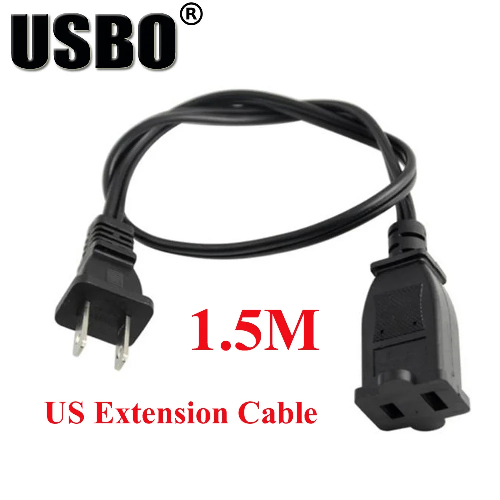 High quality Black 1.5M Copper CE certificed US 2pins extension cord American male and female docking electrical AC power cable |
