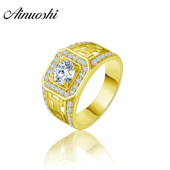 

AINUOSHI 14K Solid Yellow Gold Men Ring Rows Drill Square Halo Ring Engagement Wedding Male Jewelry Wide Wedding Band Men Ring