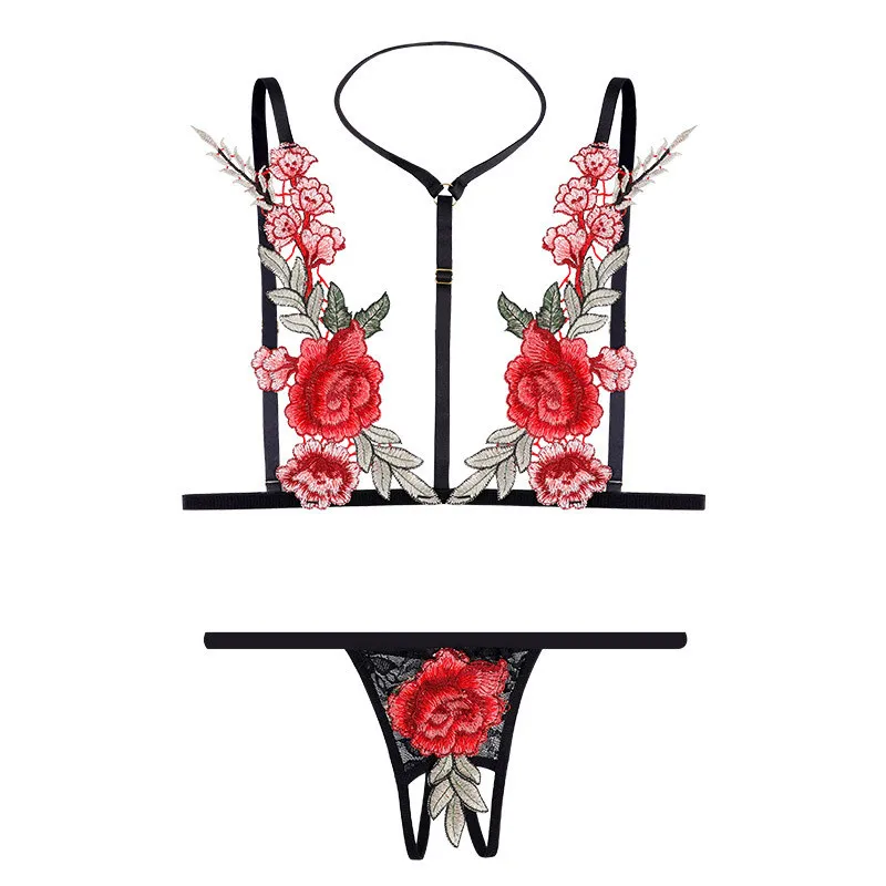 

Flower Embroidery Lingerie Lace Bra Set Sexy Bralette Women Underwear Wire Free Open Bra and Open Crotch Thong Ladies Intimates