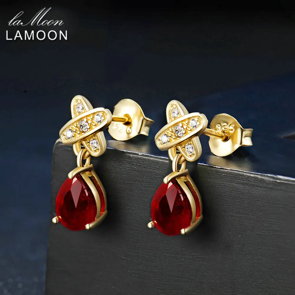 LAMOON Teardrop 5x7mm 2ct 100% Red Ruby 925 sterling-silver-jewelry Stud Earring S925 LMEI050