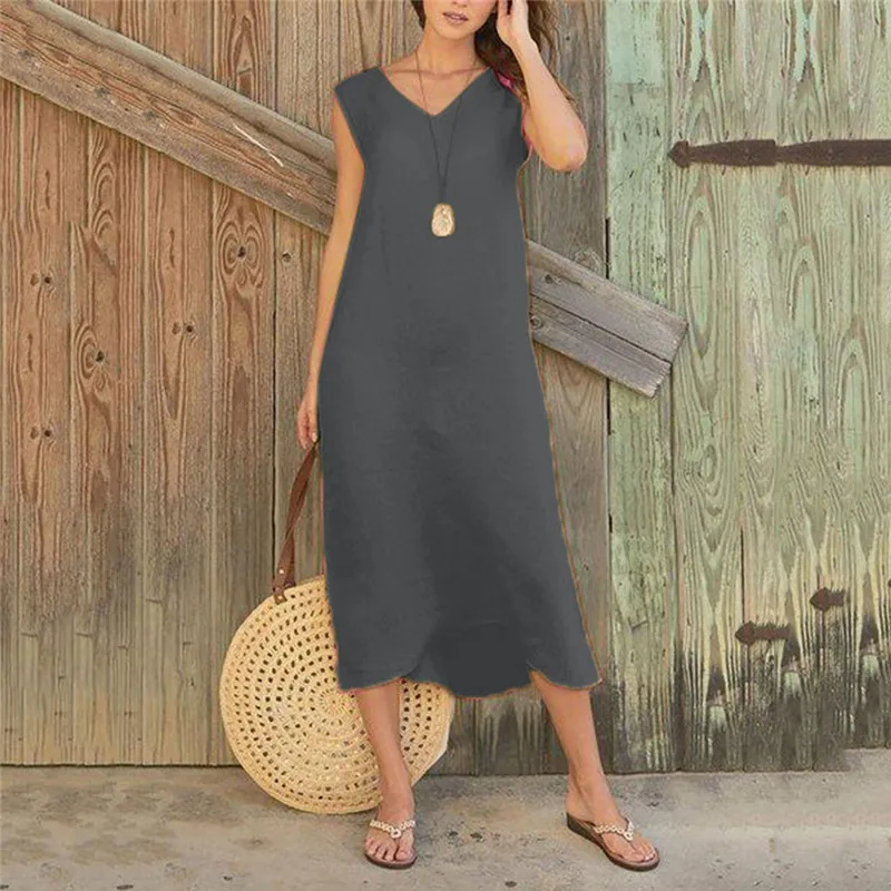

Sexy Summer Dress Women Vintage Sleeveless Cotton Linen Boho Dress Girl Solid Beach Maxi Dresses Robe Longue 2019 Dropshipping c