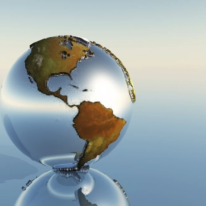 A sphere holding North and South America reflects on a mirror Poster Print (17 x 11)