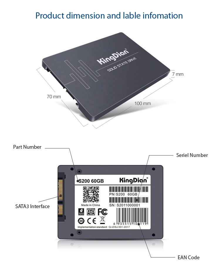 KingDian S200 SSD 60 Гб 64 Гб Внутренний твердотельный жесткий диск SATAIII MLC для ПК настольный ноутбук 320/70 Мб/с