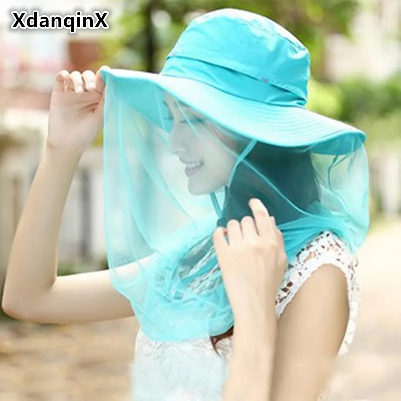 

XdanqinX 2019 Summer New Style Lady Folding Sun Hats Fashion Fixed Veil Anti-mosquito Anti-wind Cover UV Beach Hat For Women