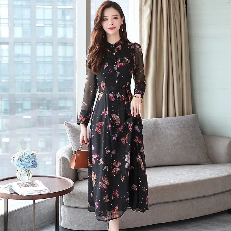 Autumn Winter New Vintage Floral Chiffon Midi Dress XL Plus Size Dresses Boho 2019 Elegant Women Party Long Sleeve Maxi Vestidos