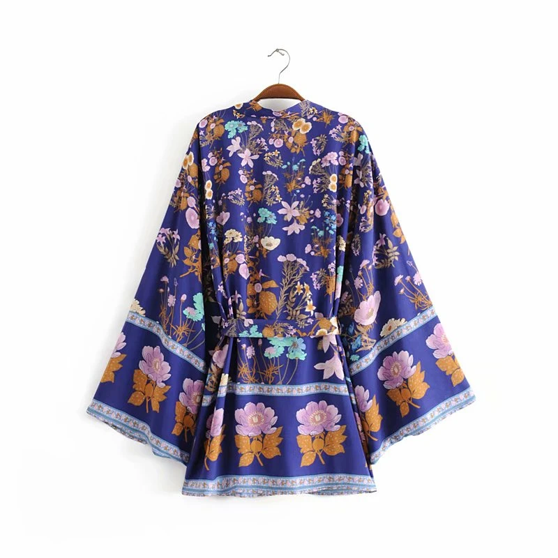 Vintage chic women floral print sashes bat sleeve beach Bohemian kimono dresses Ladies V neck Tassel Summer Boho dress vestidos