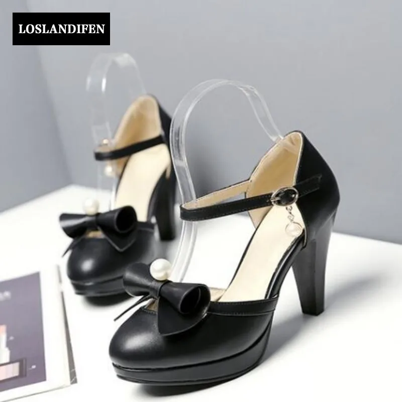 

Mary Janes Round Toe Thick Heels Shallow Shoes For Womens Butterfly Knot Sweet Girl Party Buckle Strap Crystal Plus Size