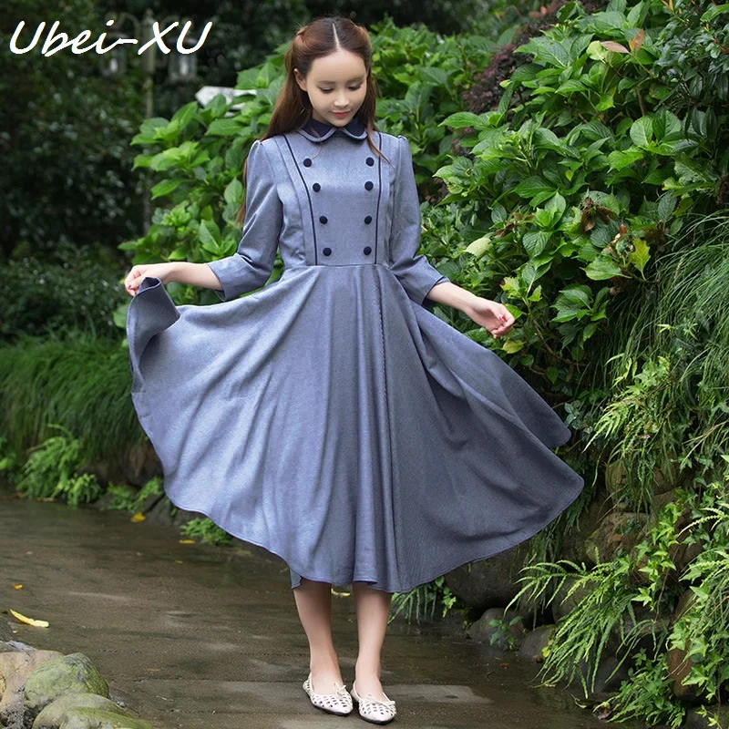 

Ubei Spring and autumn outfit new style elegant retro dress British college style wrist sleeve long dress