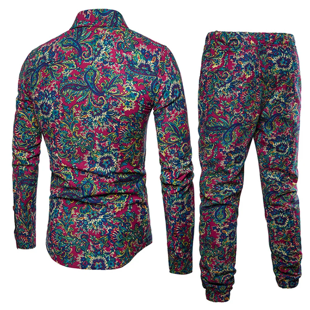Chinese Vintage Male Vacation Set Club Boys TrackSuits Hot Sale Man Clothing 2019 Autumn New Fashion Floral Pants And Shirt Suit