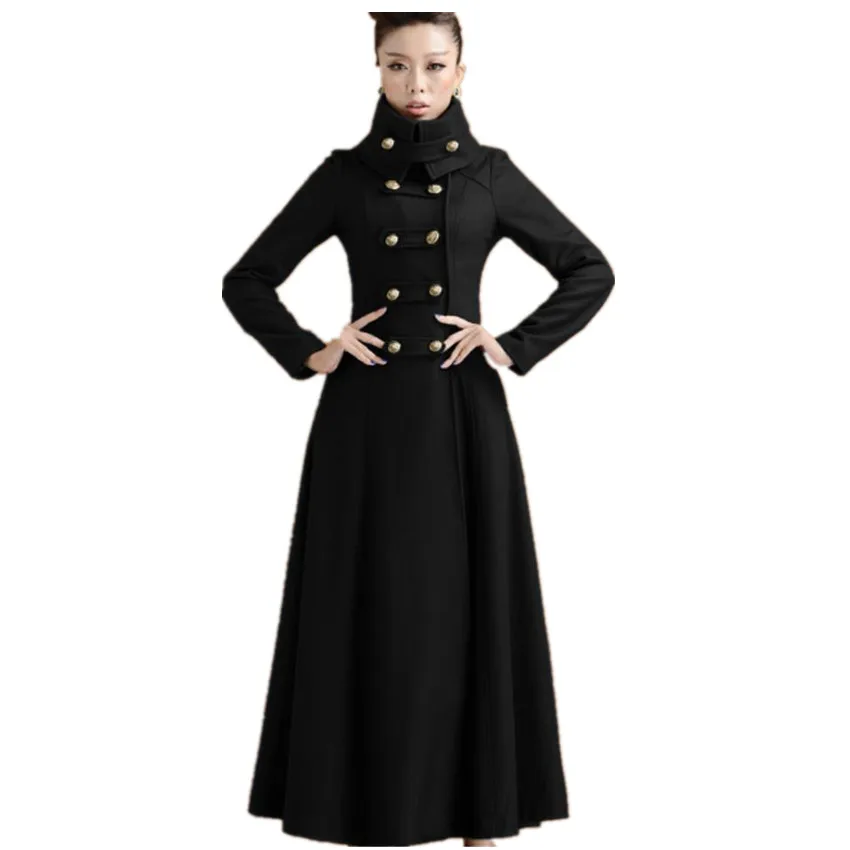 

plus size 3XL!Women woolen coat stand collar Collar Slim military style X-Long black bouble breasted wool blends coat
