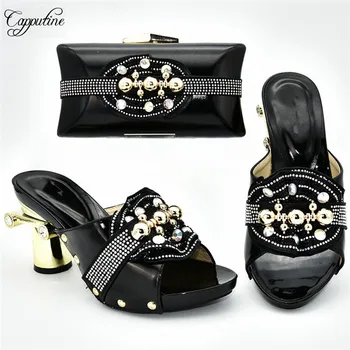 

Amazing party sets black sandal shoes and handbag set with rhinestones for fashion lady 388-4, heel height 9cm