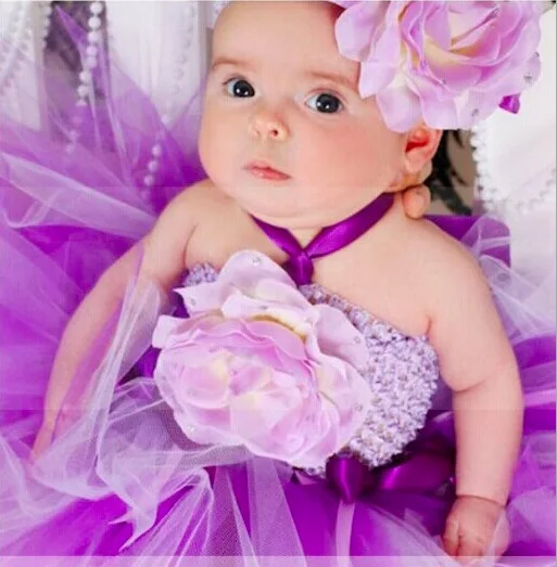Милое детское платье-пачка с цветочным рисунком для маленьких девочек, вязаное крючком, 1 слой фатина, балетное платье корсет, танцевальная пачка с повязкой на голову, вечерние платья для новорожденных