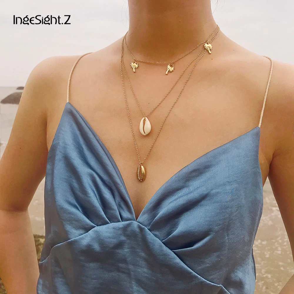 

IngeSight.Z Bohemian Multi Layered Sea Shell Choker Necklace Collar Statement Coconut Tree Pendant Necklace Women Jewelry Gifts