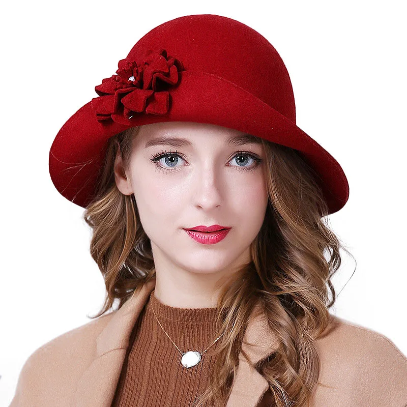 

Women Wool Felt Fedora Flowers Hat Ladies Wide Brim Hat Autumn Winter Noble European American Elegant Girls Fashion Cap M33