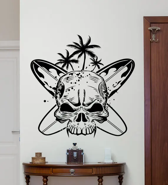 

Art Skull With Surfboards Surf Skul Wall Decals Home Living Room Art Decor Vinyl Wall Sticker Special Creative Wallpaper Y-952