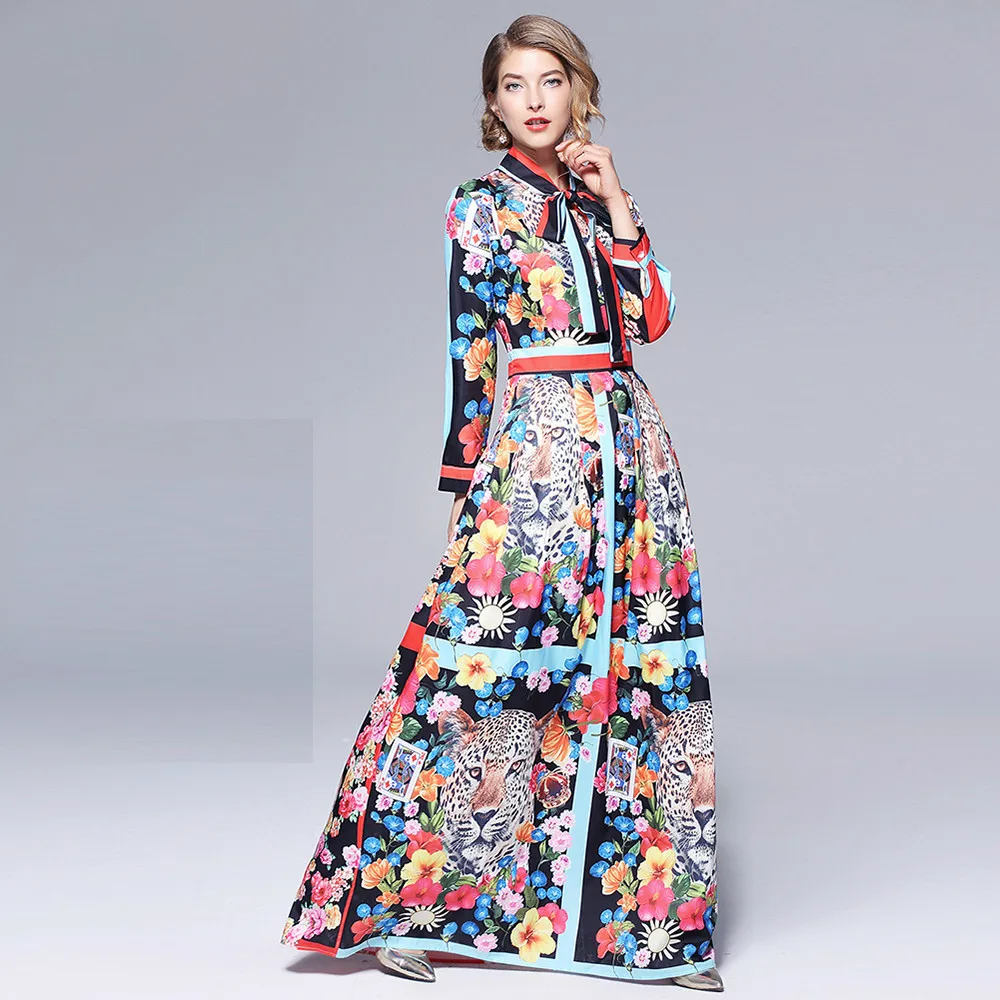 

Runway Dresses 2018 Women High Quality Bow Neck Vintage Animal Print Party Dresses Designer Long Maxi Dress Vestidps Robe Femme