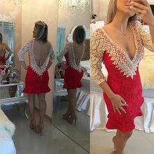 Sexy Tiefem V-ausschnitt Backless Red Short Prom Dresses Drei Viertel Sleeve Perlen Friesen Prom Kleider Mode Rosa Spitze Cocktailkleid