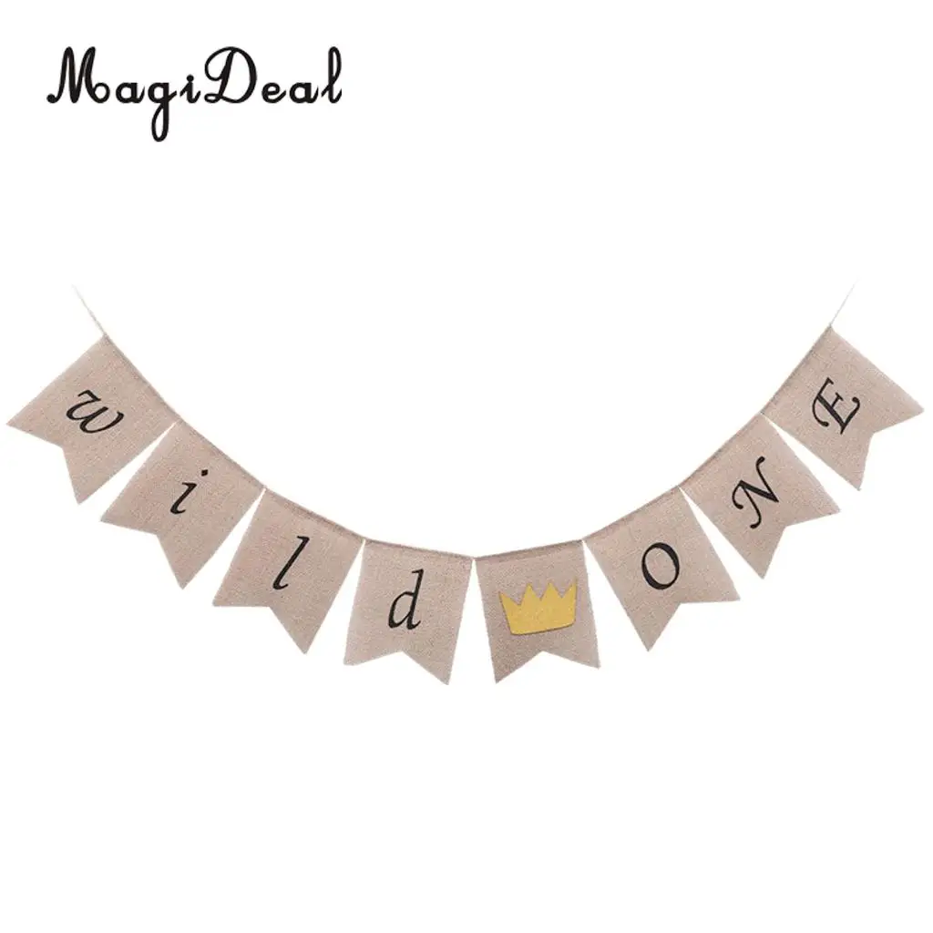 MagiDeal Vintage Burlap Wild One Banner with Crown 1st Birthday Baby Shower Party Garland Sign Cake Smash Wall Mantel Decor