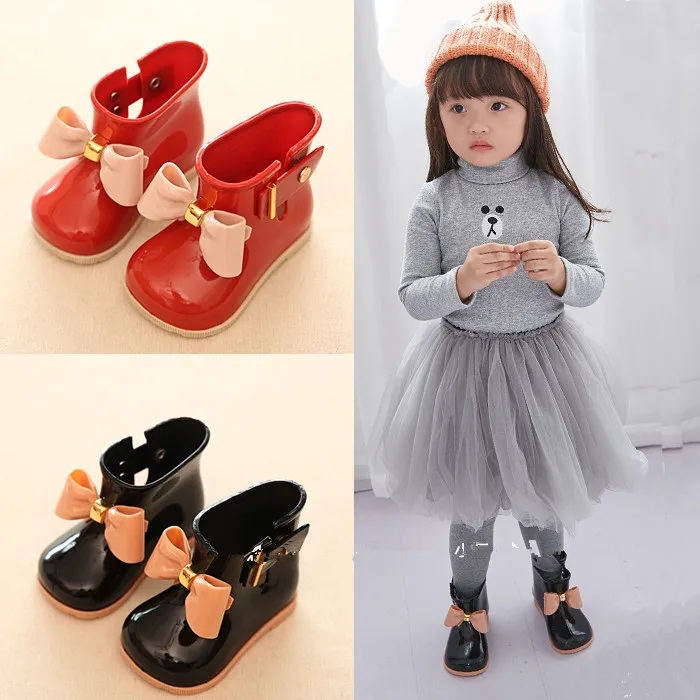 Mini Melissa/резиновые сапоги для маленьких девочек; резиновые сапоги теплые красивые резиновые сапоги с бантом; модная резиновая обувь для малышей; прозрачная обувь