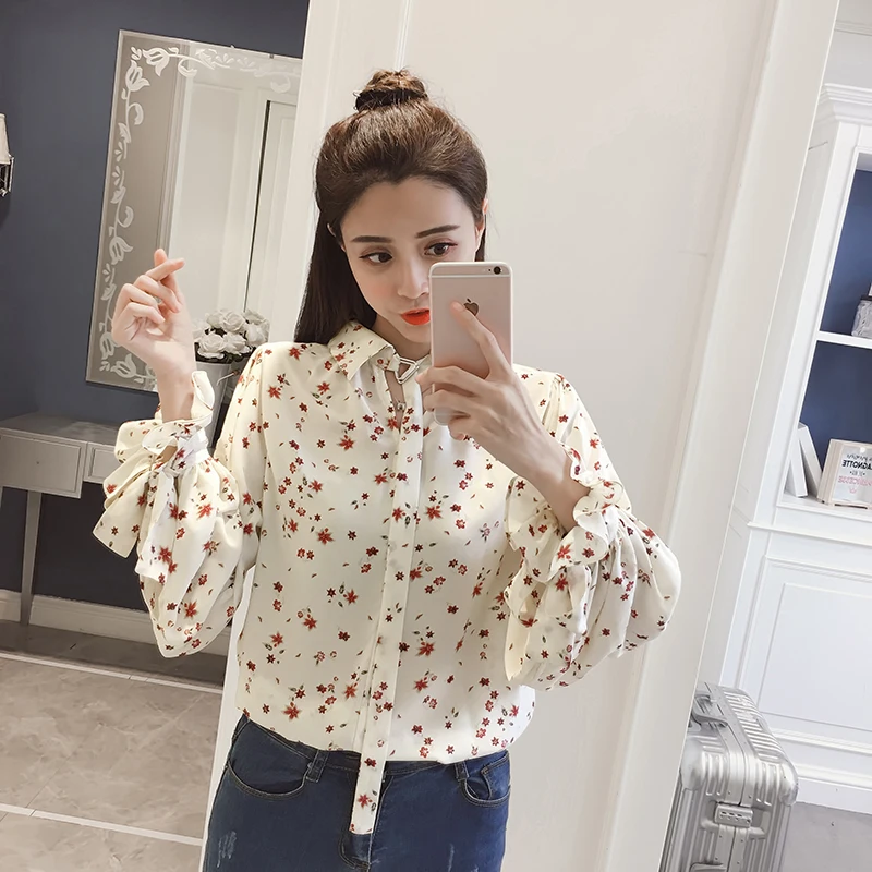 2018 Новинка весны Для женщин свободные рубашки длинный рукав шифона с принтом Han Fan все блузка рубашка абрикос 4042